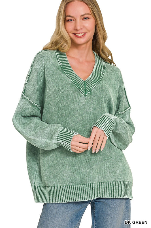 Washed Deep V-neck Oversized Sweater