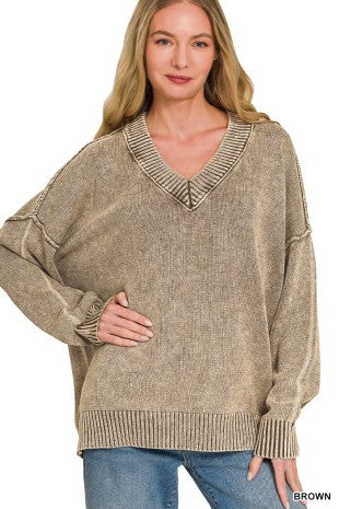 Washed Deep V-neck Oversized Sweater
