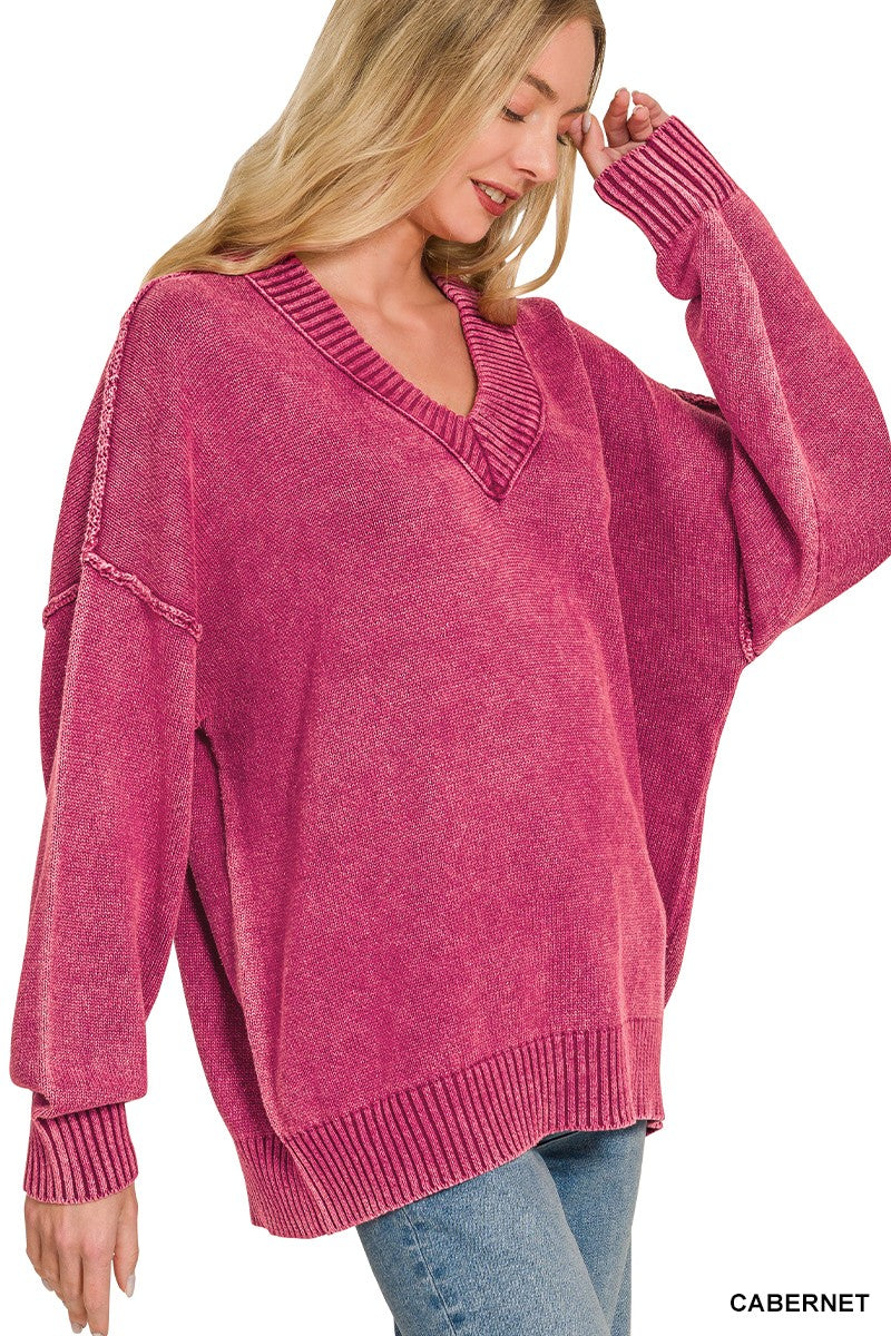 Washed Deep V-neck Oversized Sweater