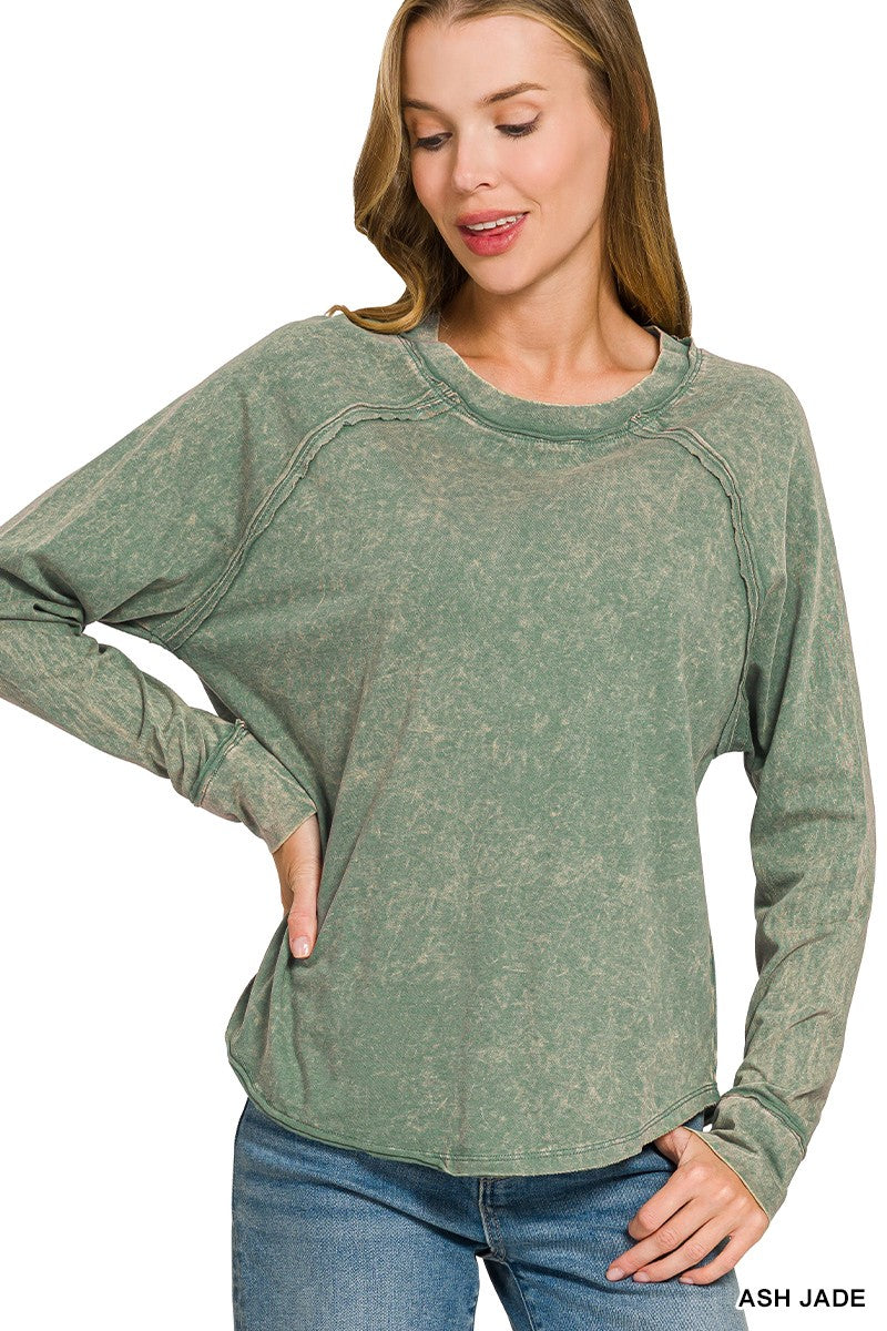 Washed Scoop-neck Long Sleeve Top