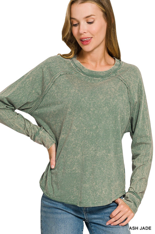 Washed Scoop-neck Long Sleeve Top