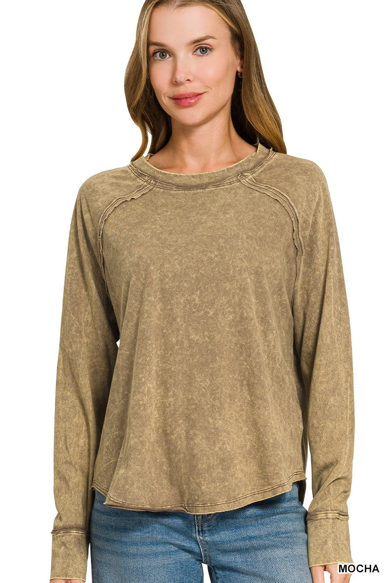 Washed Scoop-neck Long Sleeve Top