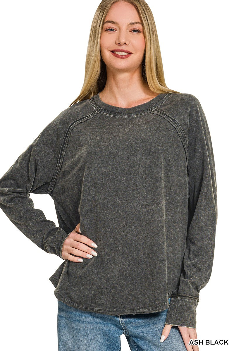 Washed Scoop-neck Long Sleeve Top