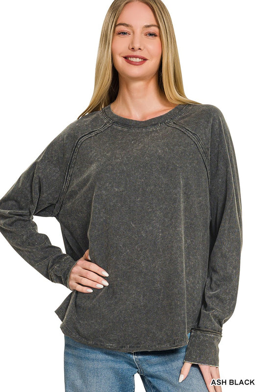 Washed Scoop-neck Long Sleeve Top