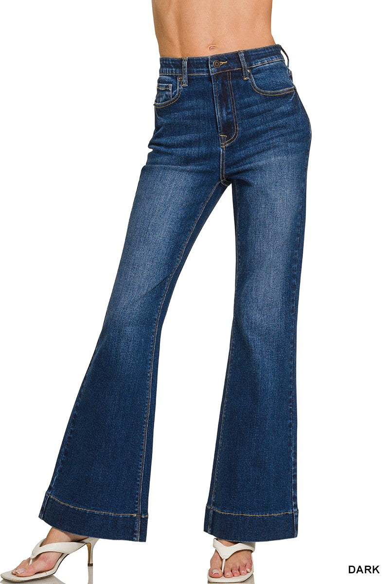Tummy Control Elastic Waist Flare Denim Pants