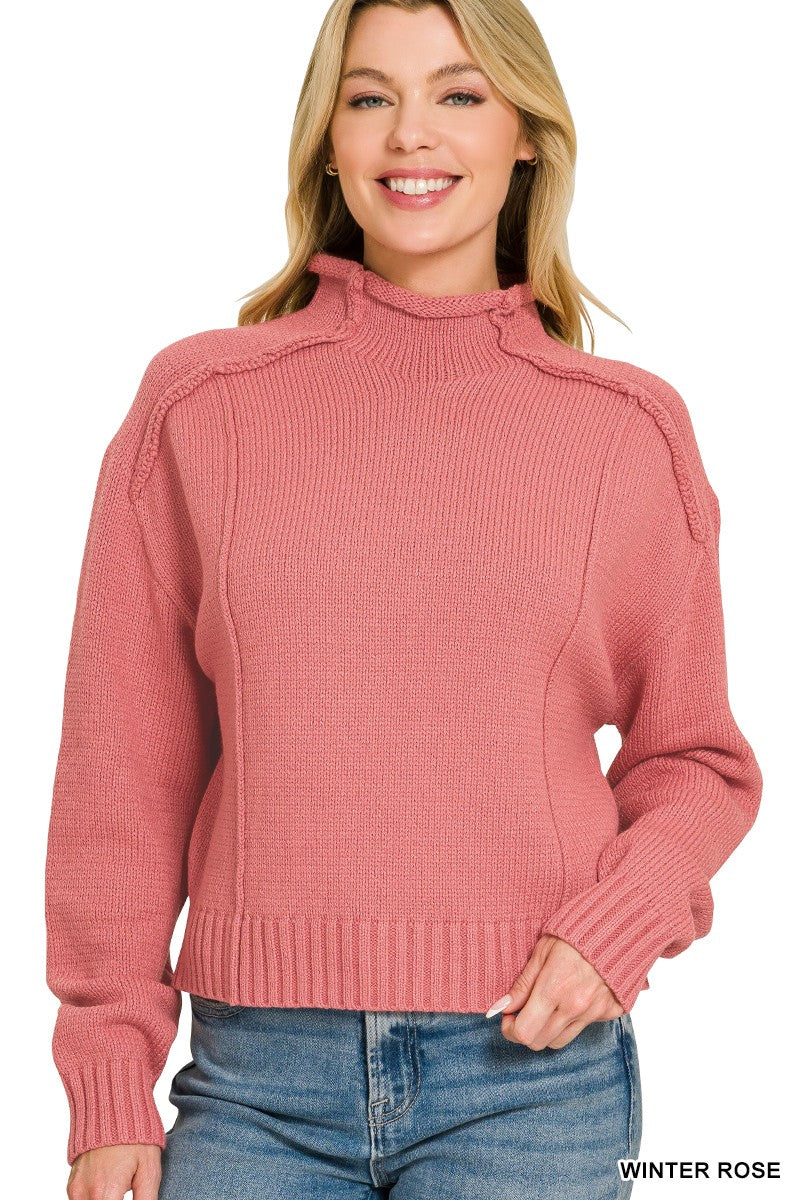 Mock Neck Exposed Seam Low Gauge Sweater