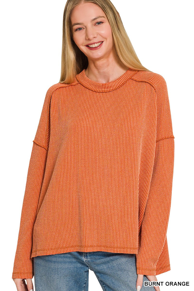 Raised Rib Raw Edge Boat Neck Long Sleeve Top