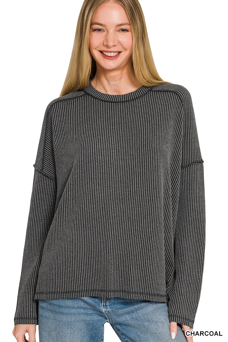 Raised Rib Raw Edge Boat Neck Long Sleeve Top