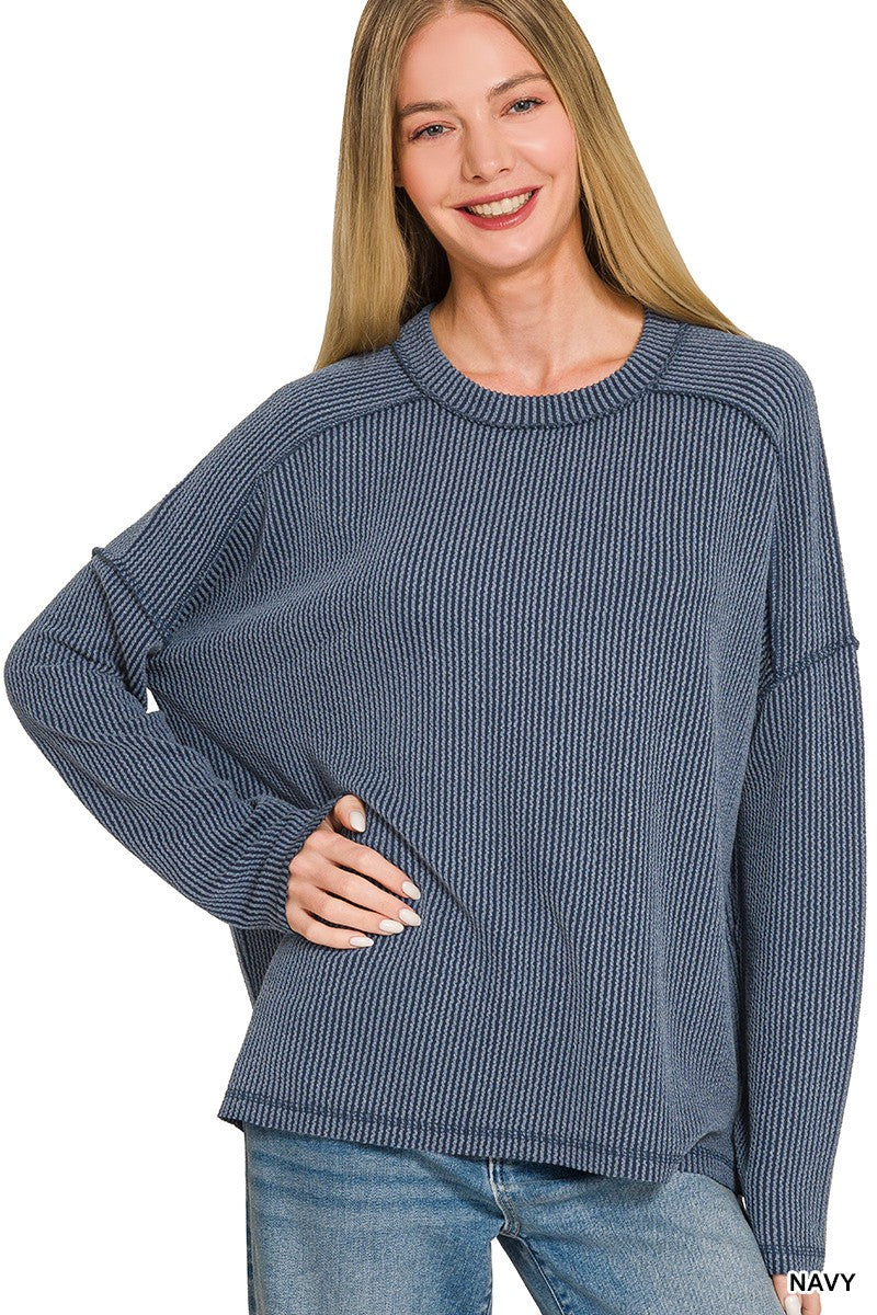 Raised Rib Raw Edge Boat Neck Long Sleeve Top