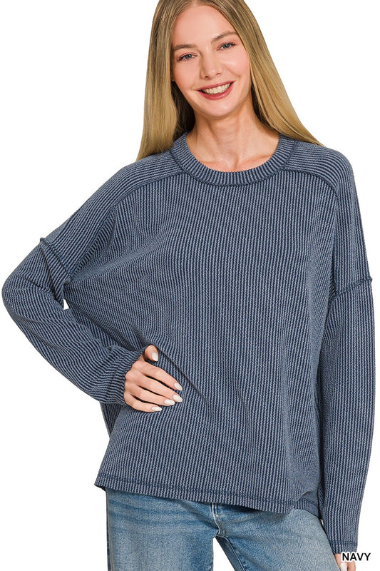 Raised Rib Raw Edge Boat Neck Long Sleeve Top