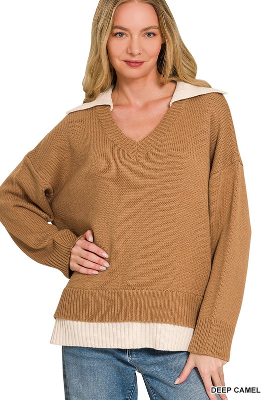 Dual-look Collared V-neck Sweater