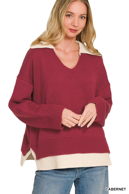 Dual-look Collared V-neck Sweater