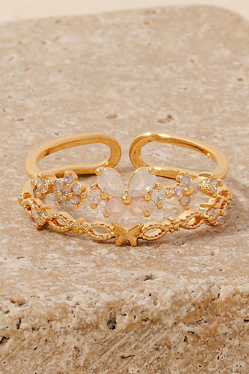 Cz Butterflies And Flowers Layered Open Band Ring: S