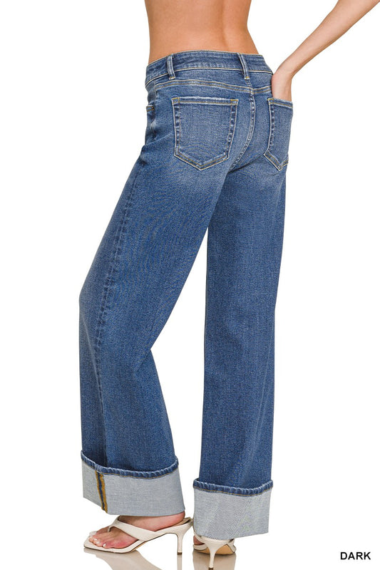 Cuffed Wide Leg Pintuck Denim Pants