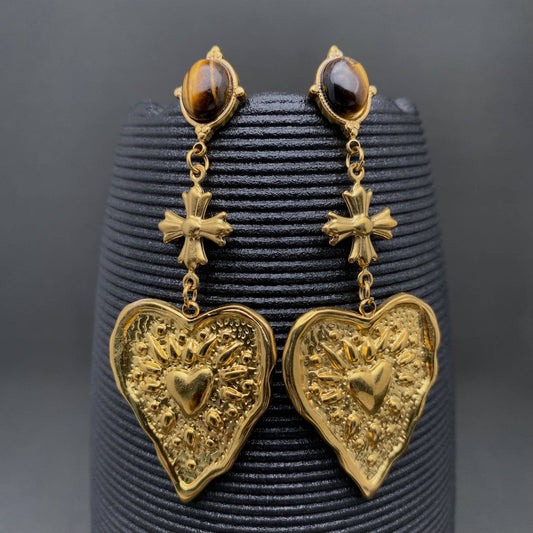 Hammered heart-shaped pattern 18K Golden SS Earrings - FGS