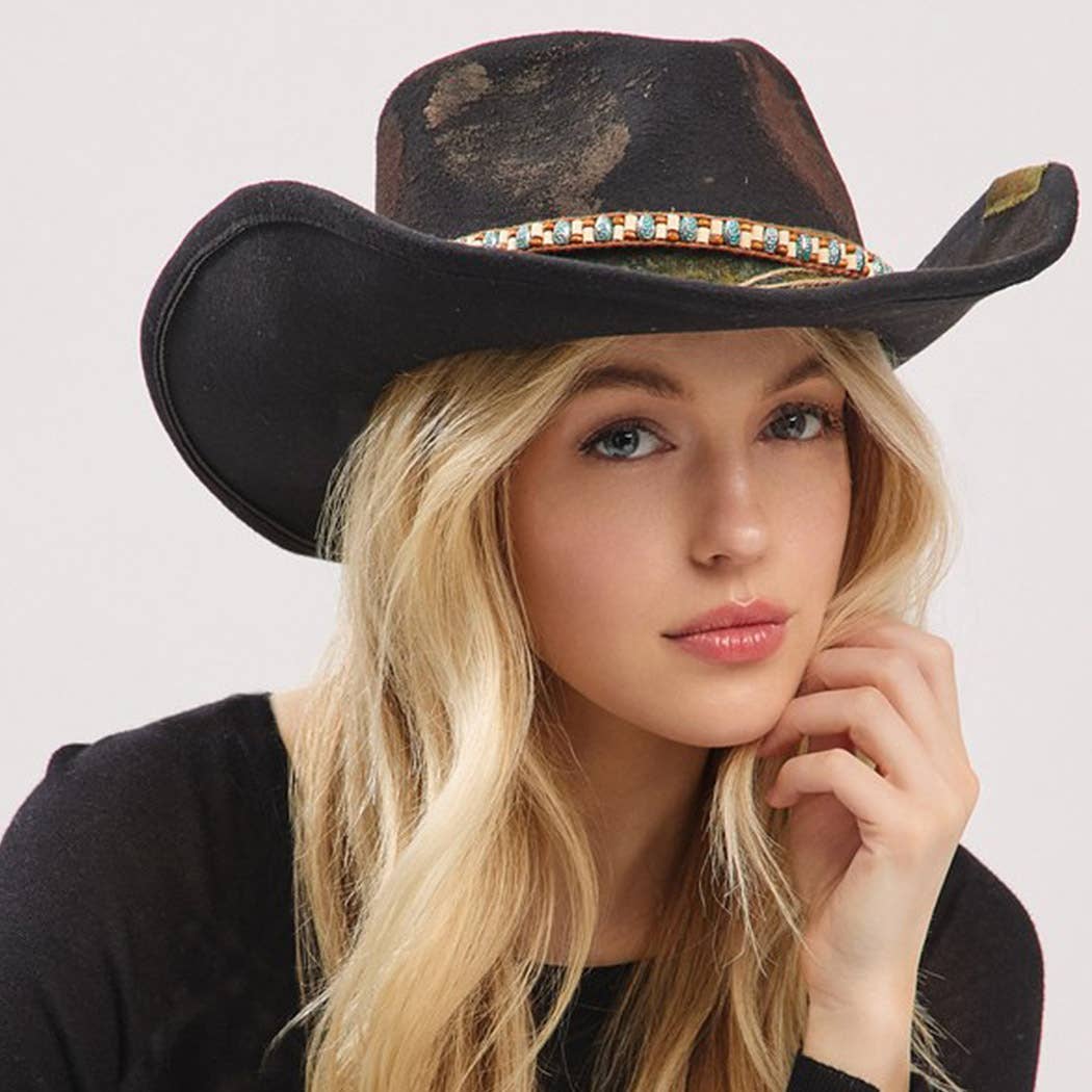 Vintage Versatile Shapeable Cowgirl & Fedora Hat With Distre: BK
