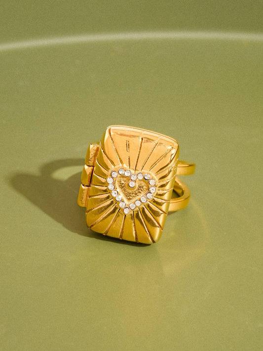 Lockee 18K Gold Non-Tarnish CZ Heart Locket Ring: Yellow Gold