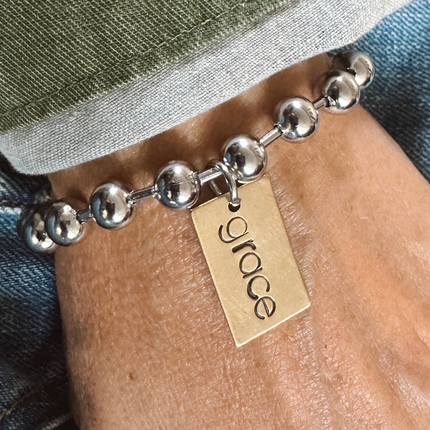 Hand Stamped GRACE Rectangle tag Bracelet : 7"
