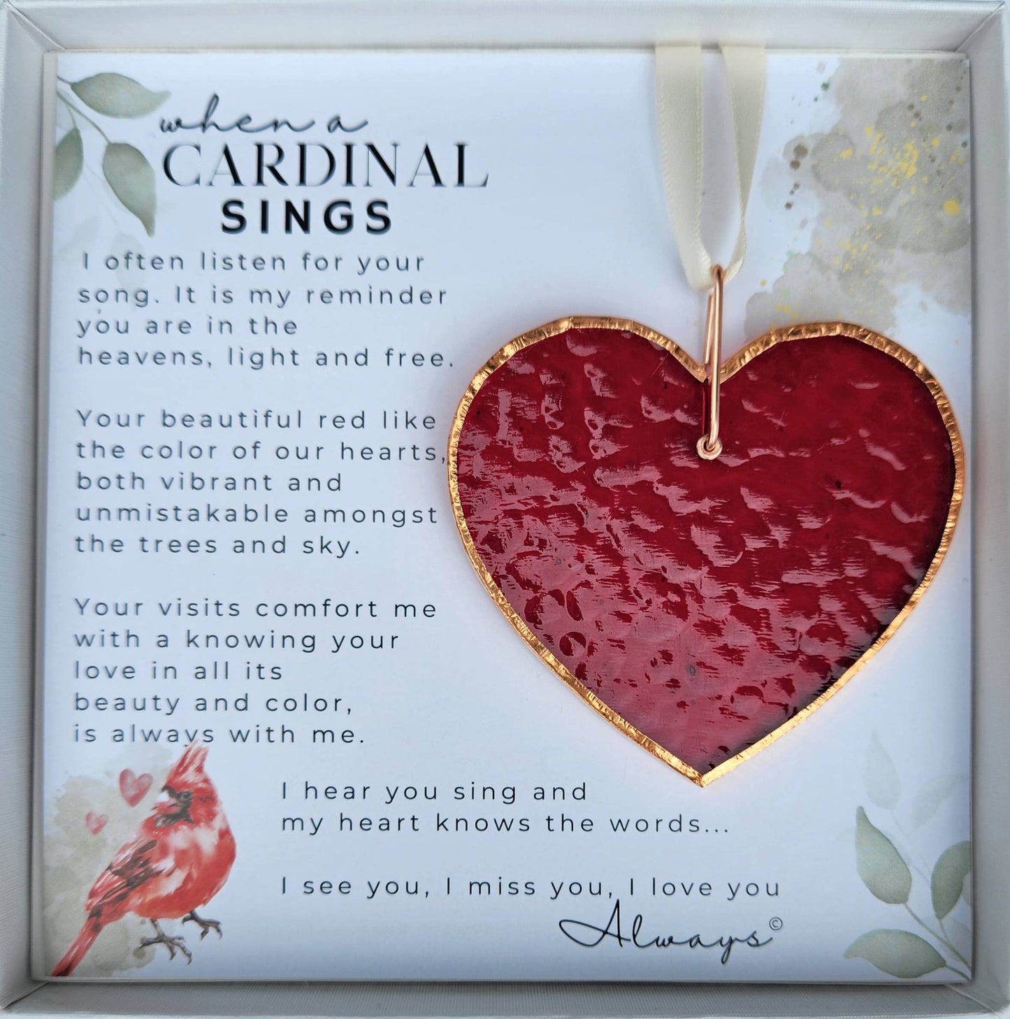 When A Cardinal Sings Memorial Stained Red Glass Heart ornament