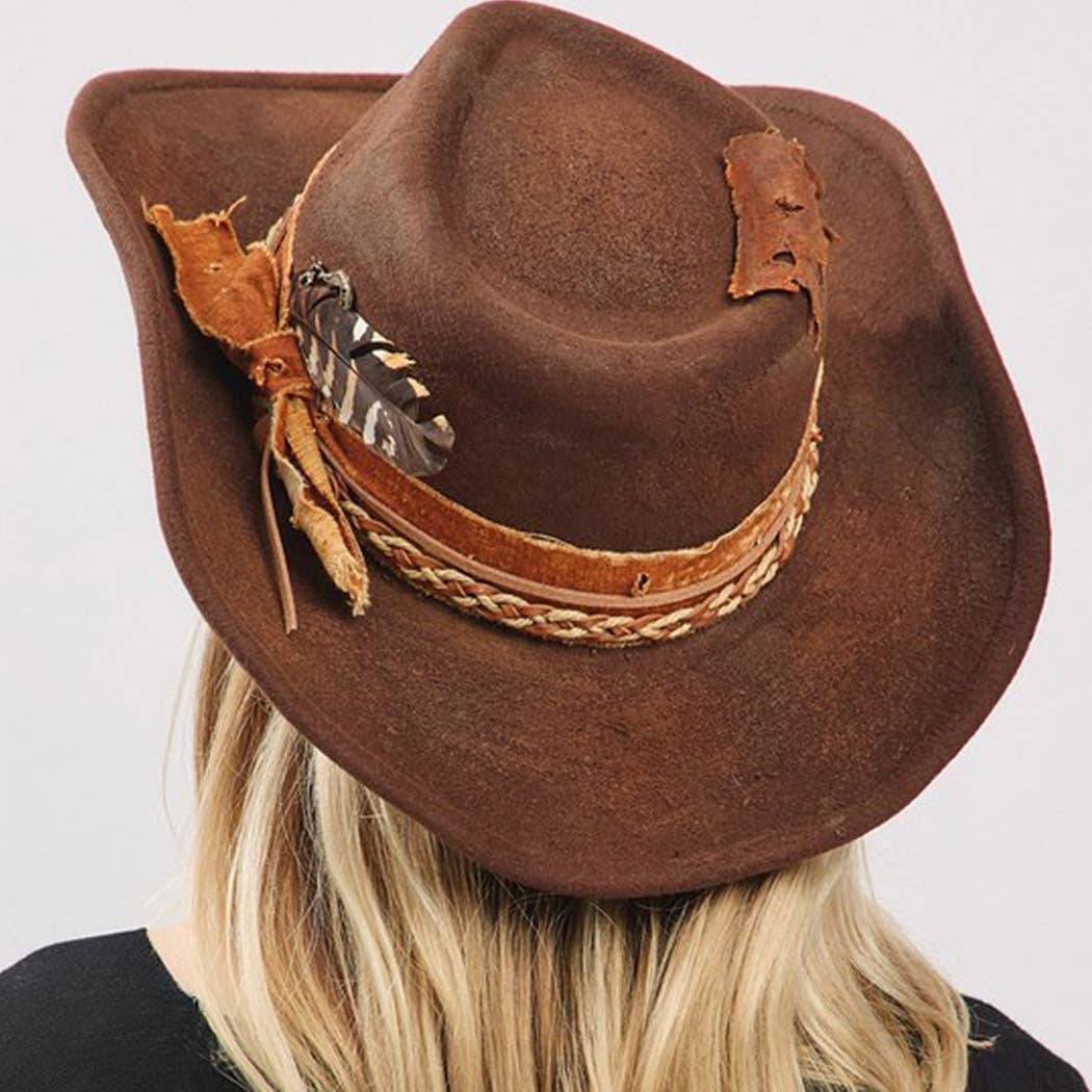 Vintage Versatile Shapeable Cowgirl & Fedora Hat With A Feat: Brown