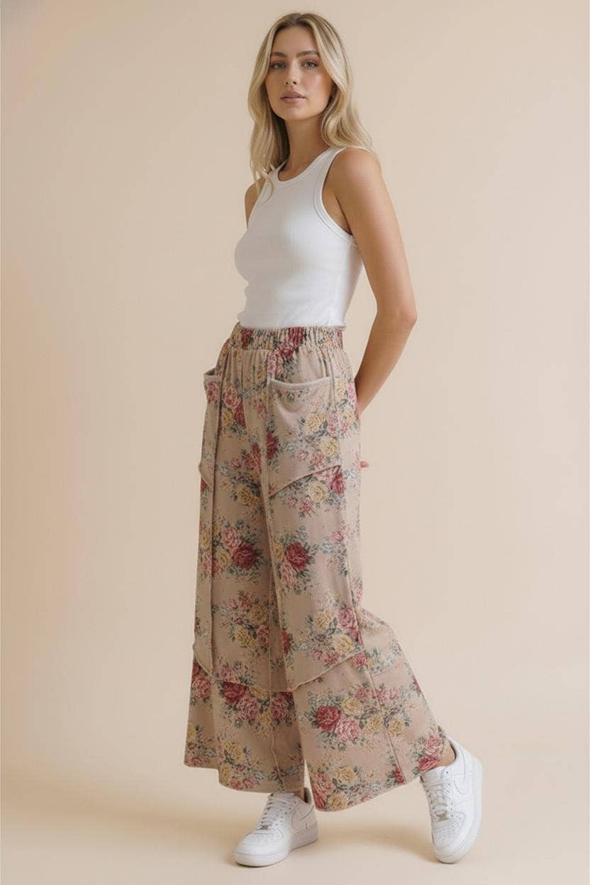 Elastic Waist Wide Leg Vintage Floral Pant: Oatmeal / M