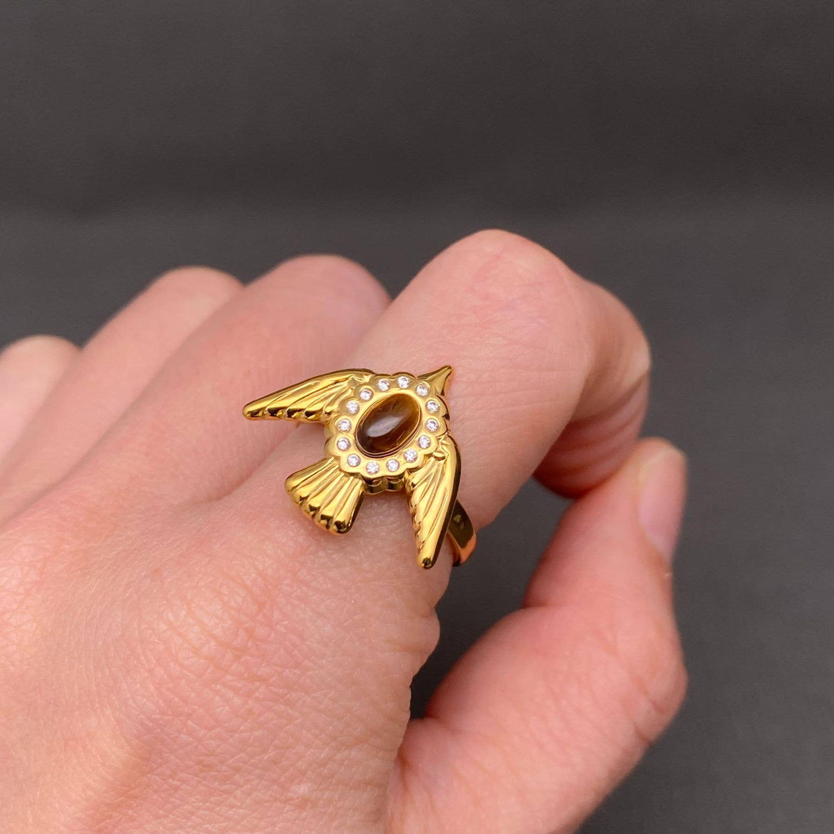 Stone Inlaid Bird 18K Gold Plated Stainless Steel Ring - FGS