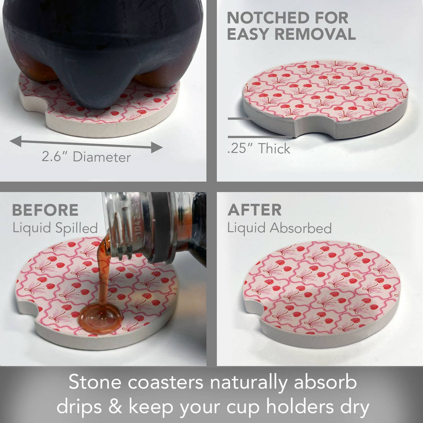 "Sketched Cherries" Single Packaged Stone Car Coaster