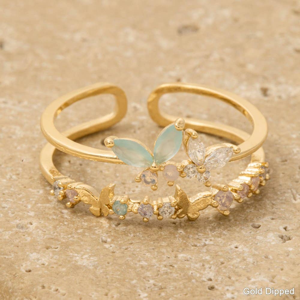 Gold Dipped Cz Butterflies Layered Open Band Ring: G