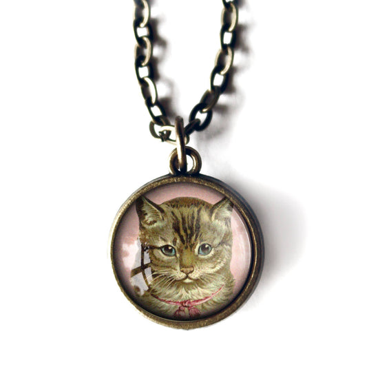 Victorian Tabby Cat Simple Reversible Pendant Necklace