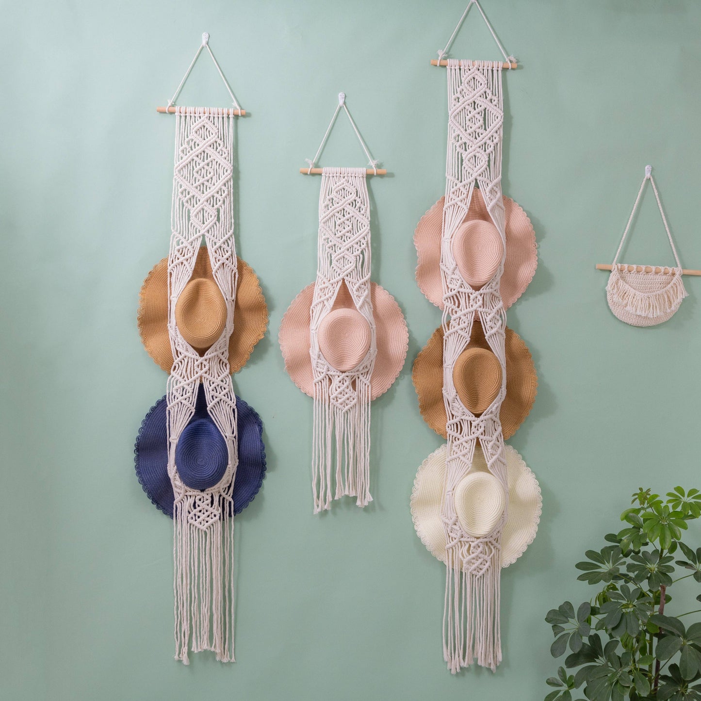 Handcrafted Macramé Hat Organizer  Wall Hanging - Diamond: Three Hat