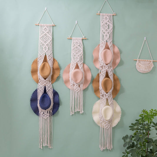 Handcrafted Macramé Hat Organizer  Wall Hanging - Diamond: Three Hat