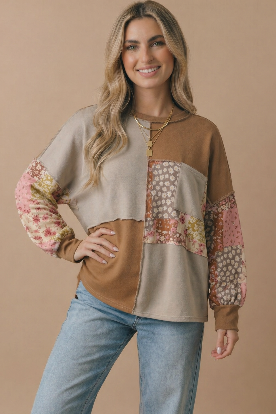 Mock Neck Floral Patchwork Pullover Top: TAUPE/CAMEL / S