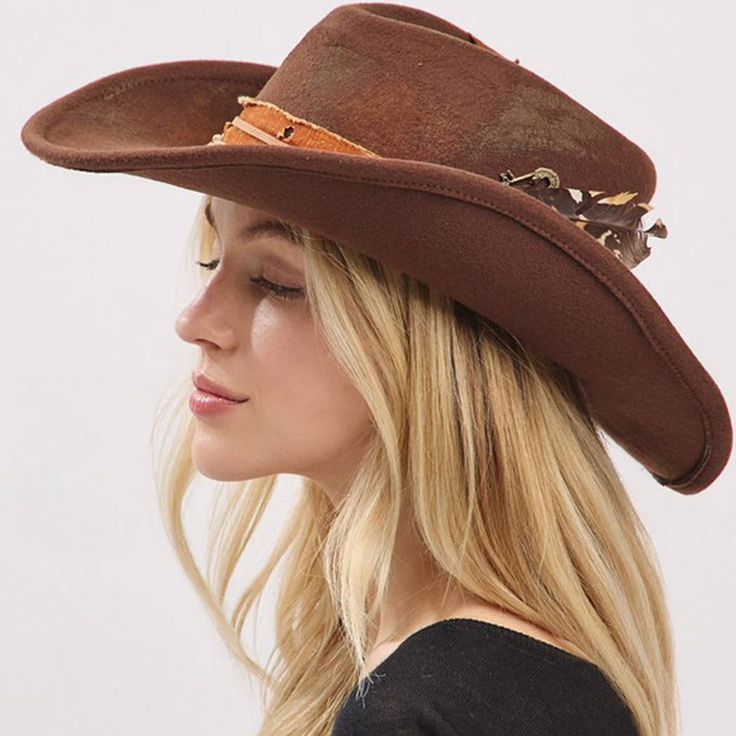 Vintage Versatile Shapeable Cowgirl & Fedora Hat With A Feat: Brown