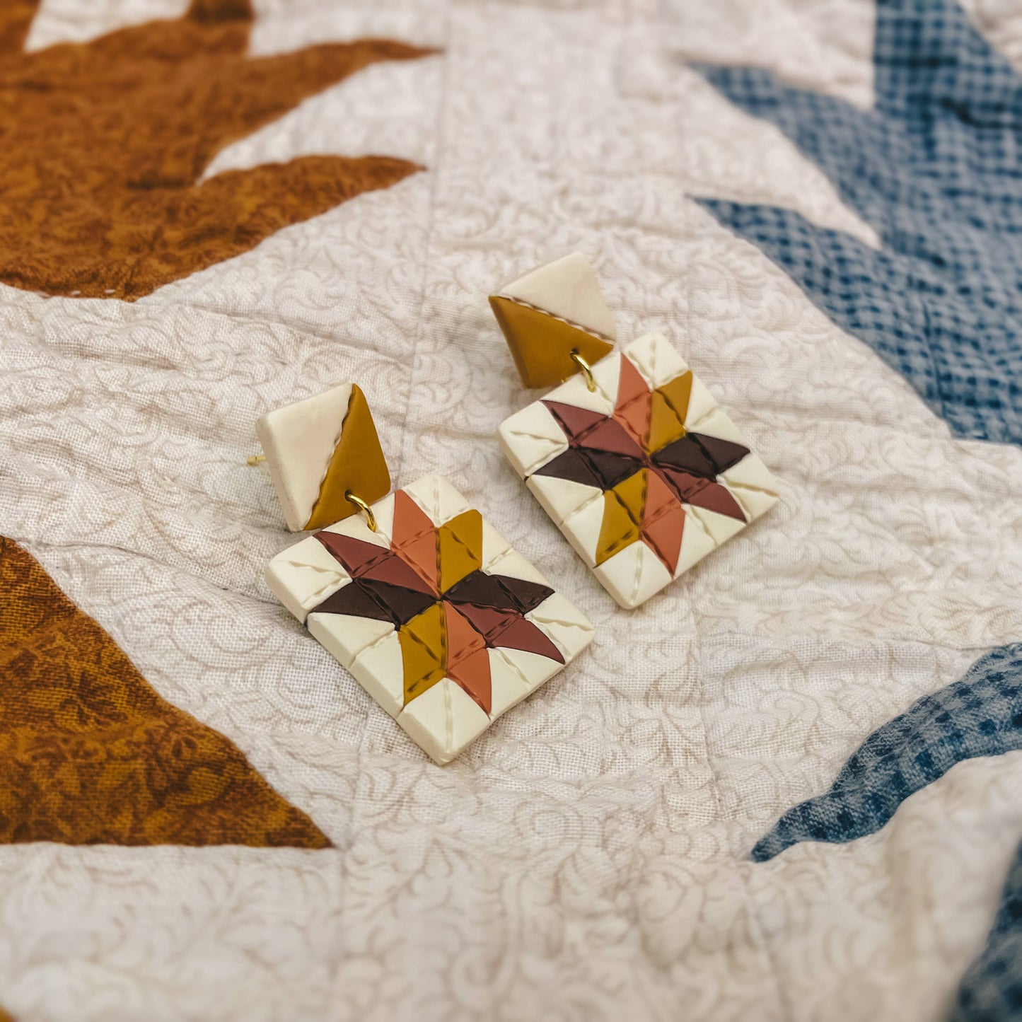 Quilted Style Stud Dangle Earrings | Fall Star