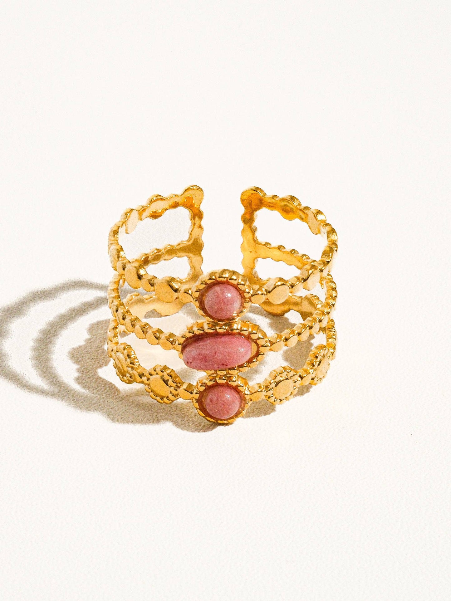 Posh 18K Gold Non-Tarnish Trilayer Adjustable Stone Ring: Pink