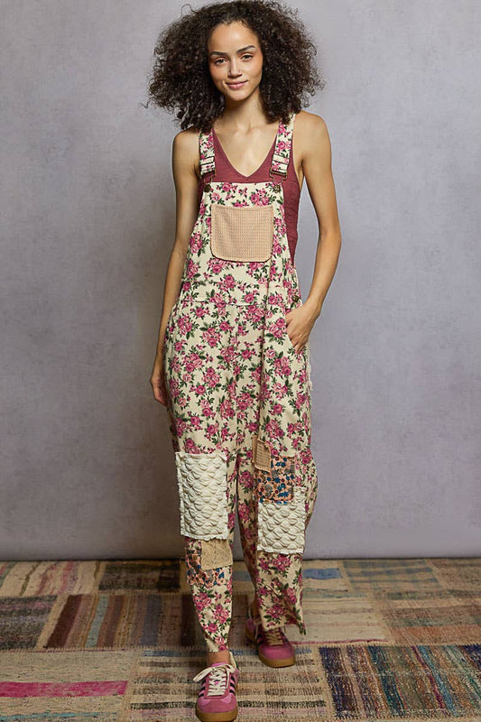 Printed corduroy varied patchwork overalls