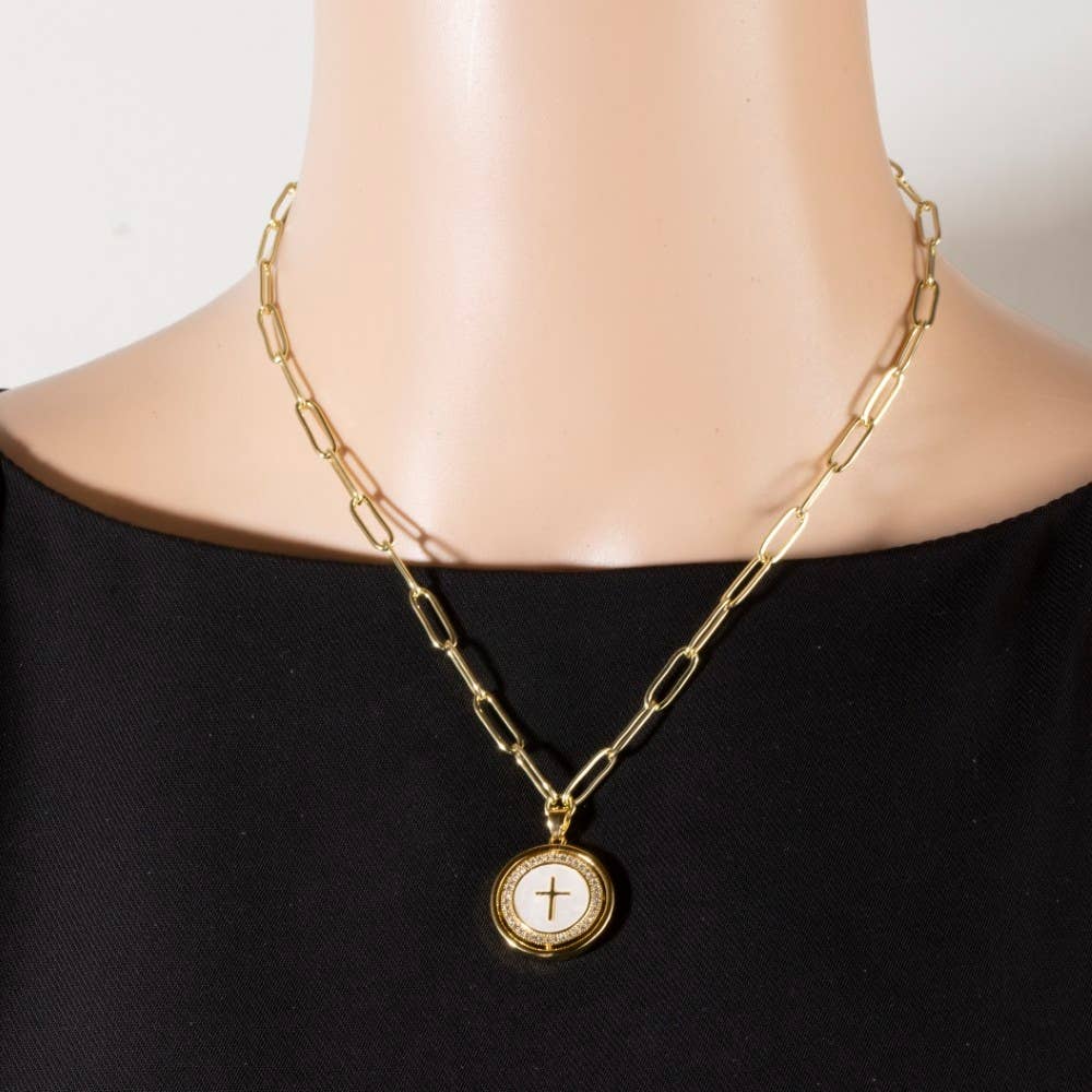 Stainless Steel Cross Disc Pendant Necklace:
