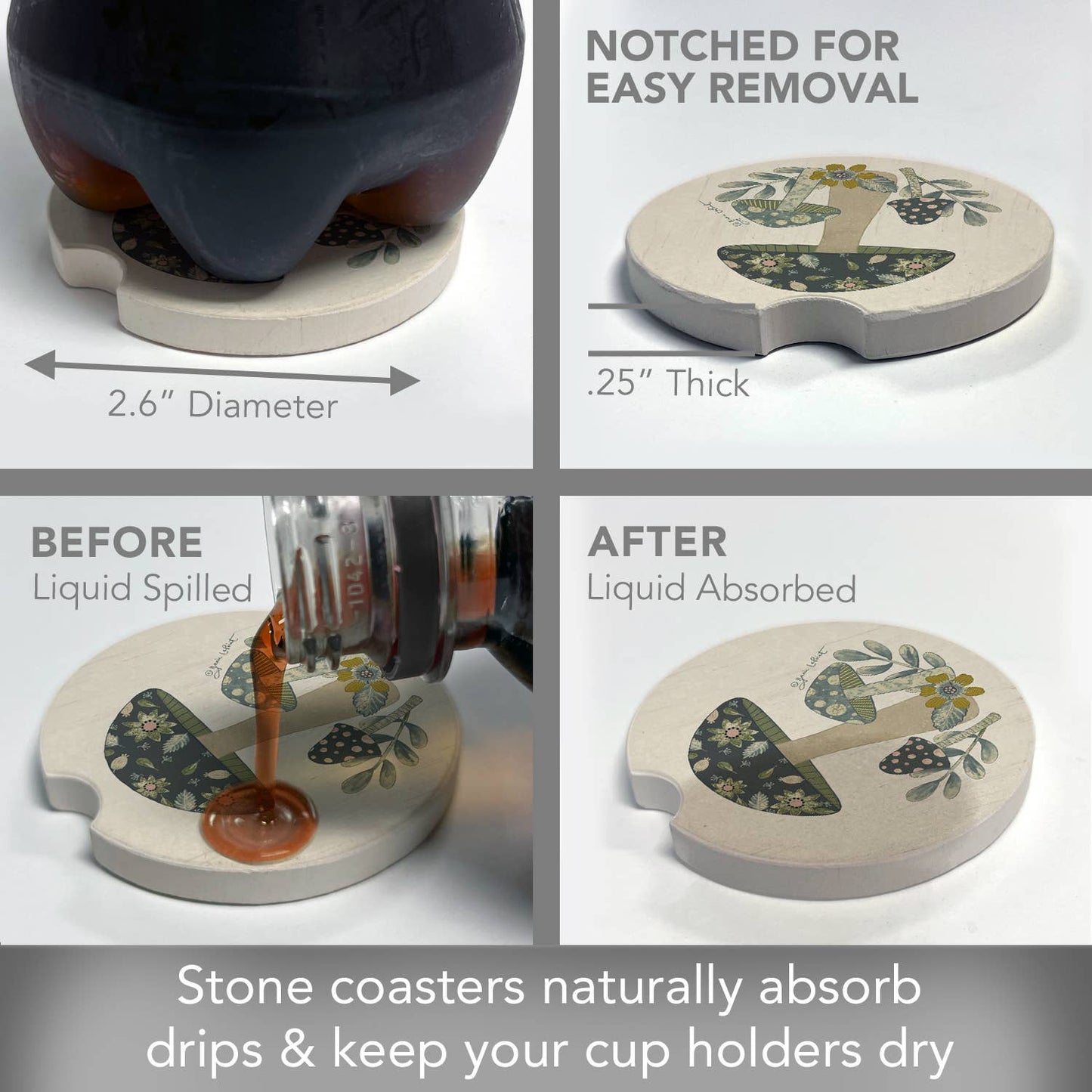 "Patterned Mushrooms" Absorbent Stone Car Coaster
