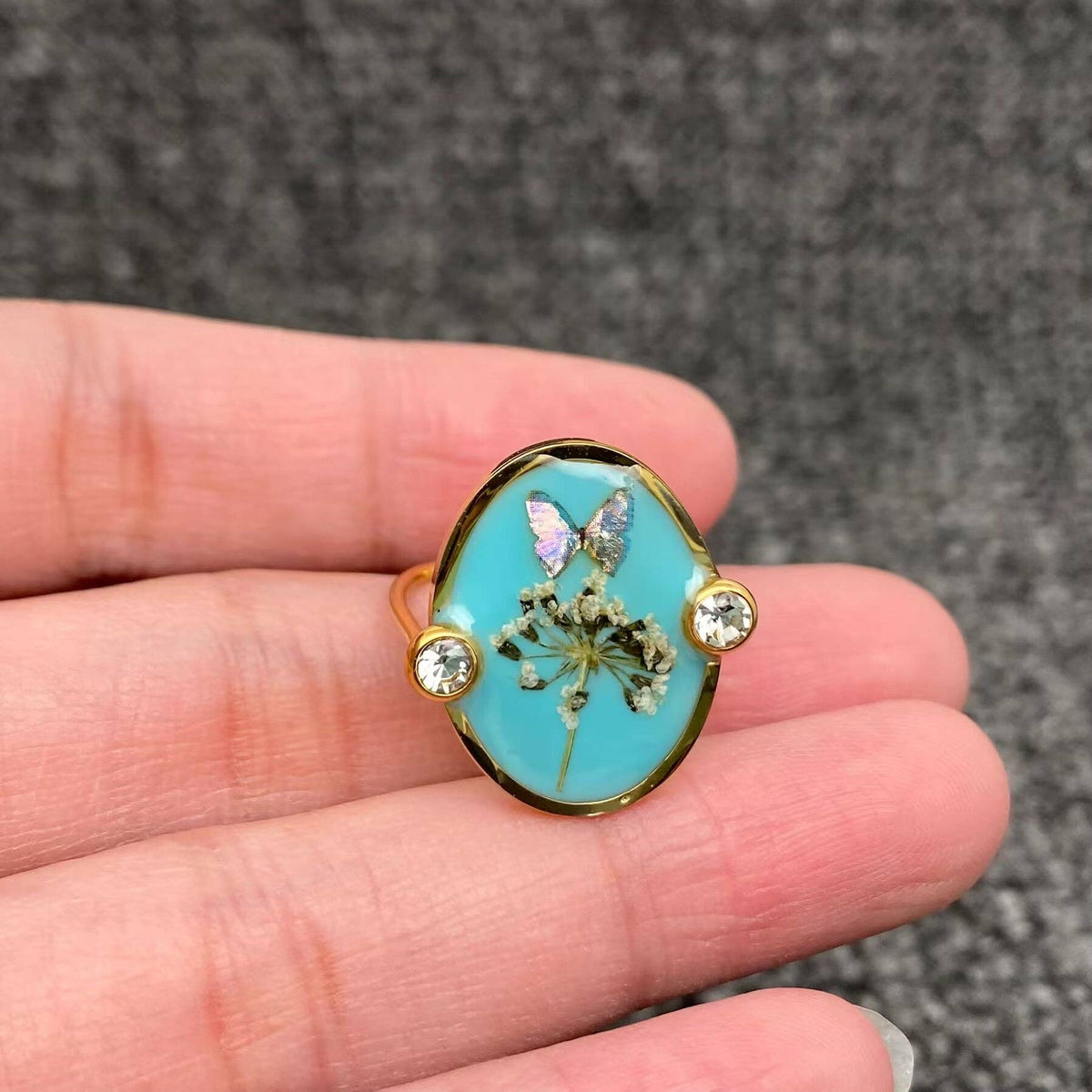 Blue Butterfly Dried Flower 18K Golden SS Ring - FGS/PDF: Style - B