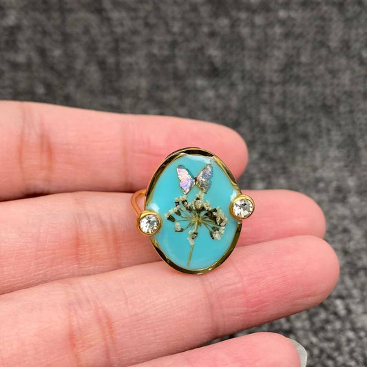 Blue Butterfly Dried Flower 18K Golden SS Ring - FGS/PDF: Style - B