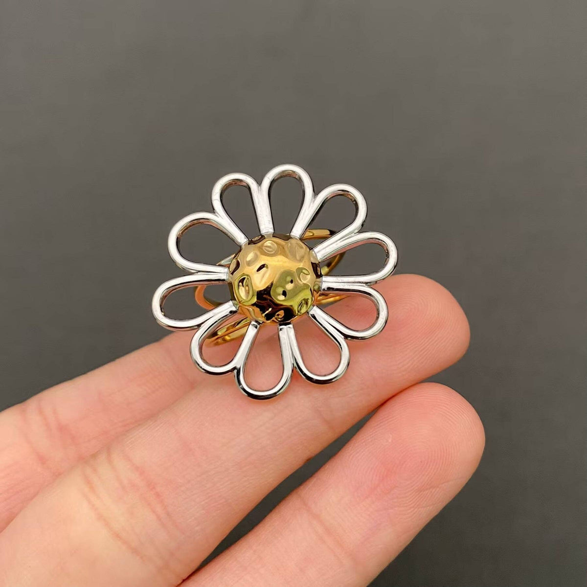 Two Tone Hollow Flower 18K Gold Plated S.Steel Ring - FGS