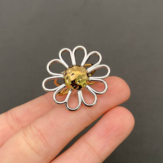Two Tone Hollow Flower 18K Gold Plated S.Steel Ring - FGS