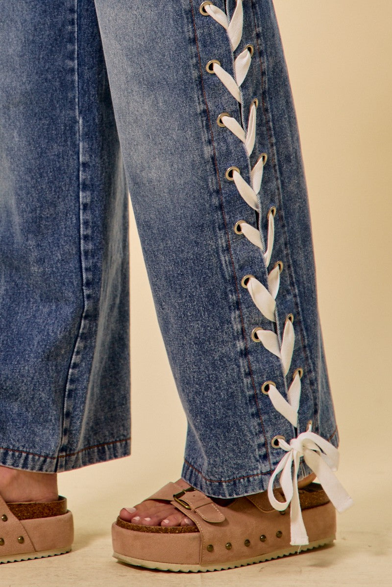 Mid Rise Straight Leg Denim Side Lace Up Jeans