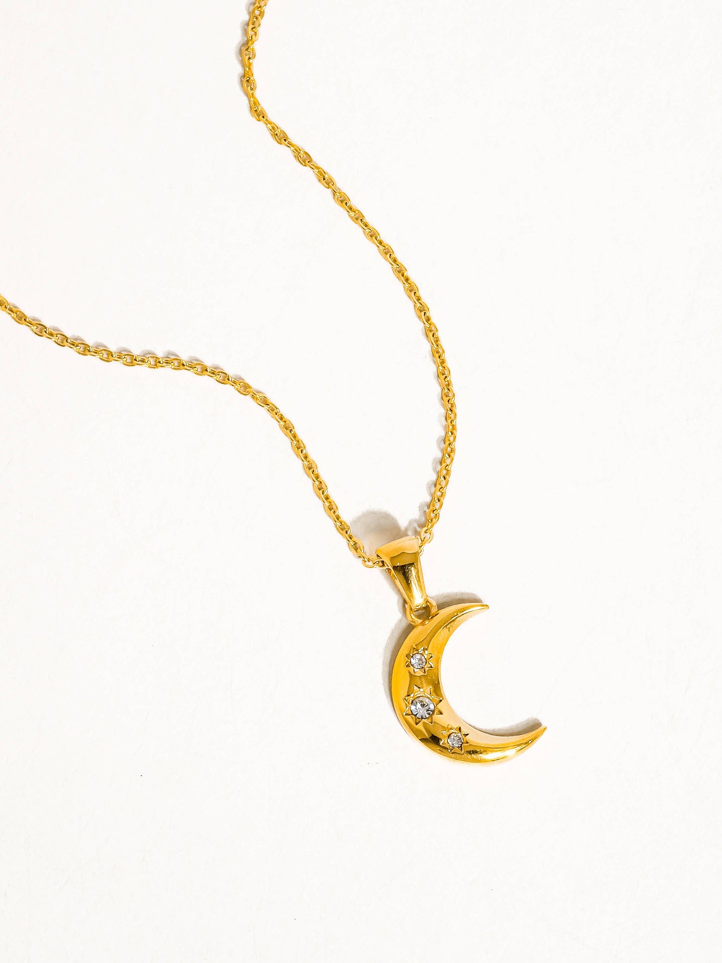 Atlas 18K Gold Non-Tarnish Half Moon CZ Necklace: Yellow Gold