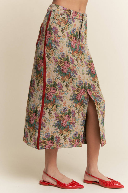 Vintage Floral Front Slit Midi Skirt