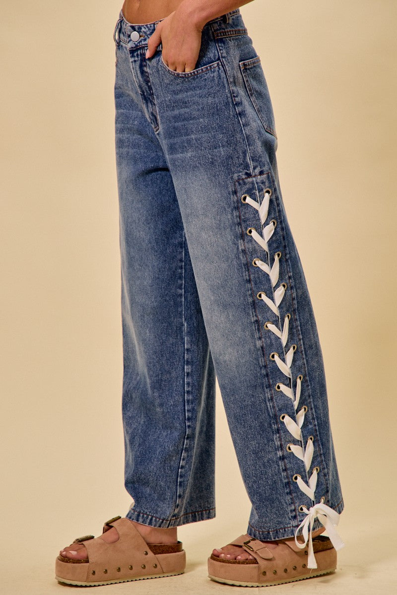 Mid Rise Straight Leg Denim Side Lace Up Jeans