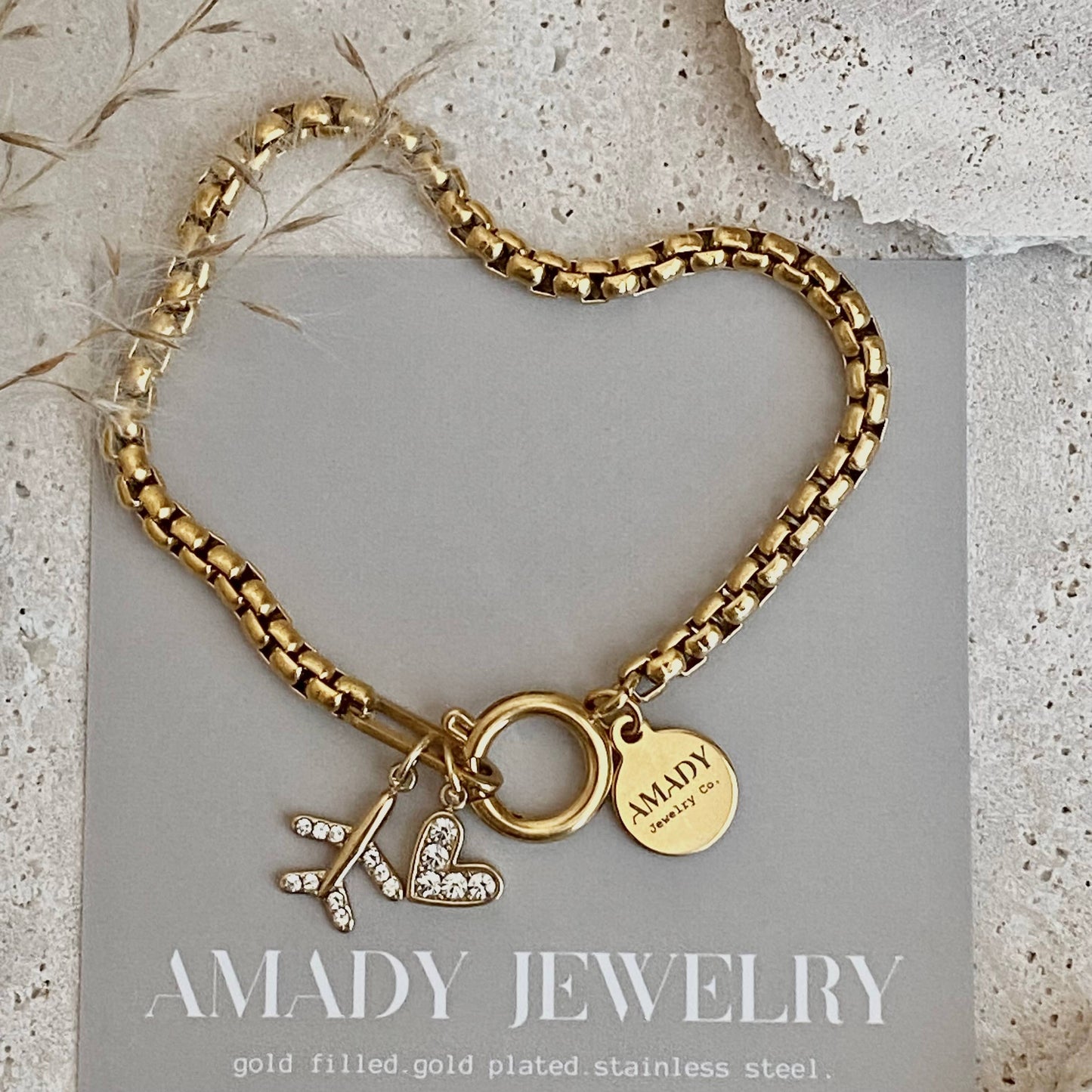 Traveler travel Bracelet airplane plane heart gold plated 
