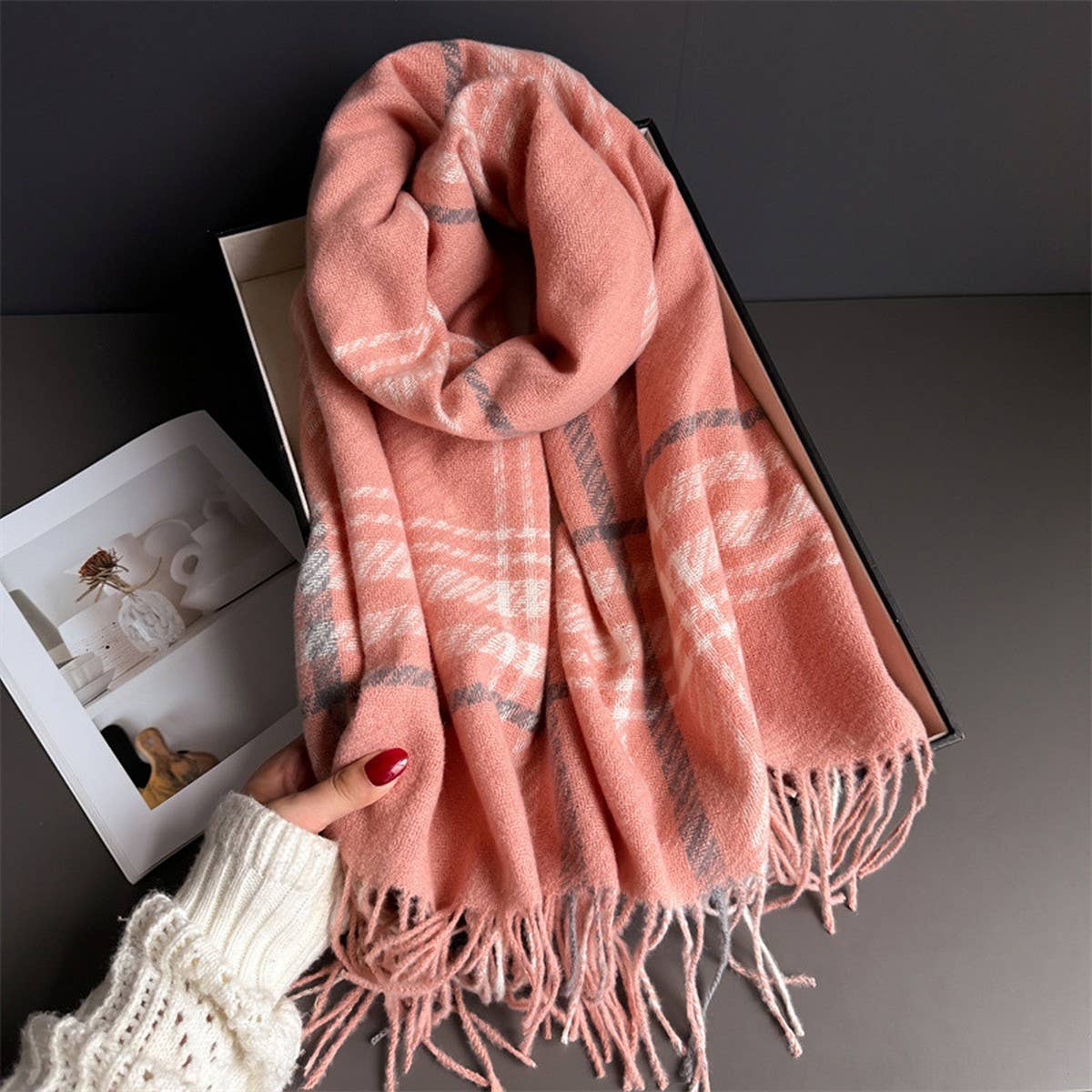 Minimal Plaid Soft Cashmere Feel Winter Scarf_CWASC03246: CAMEL / (OS) 1