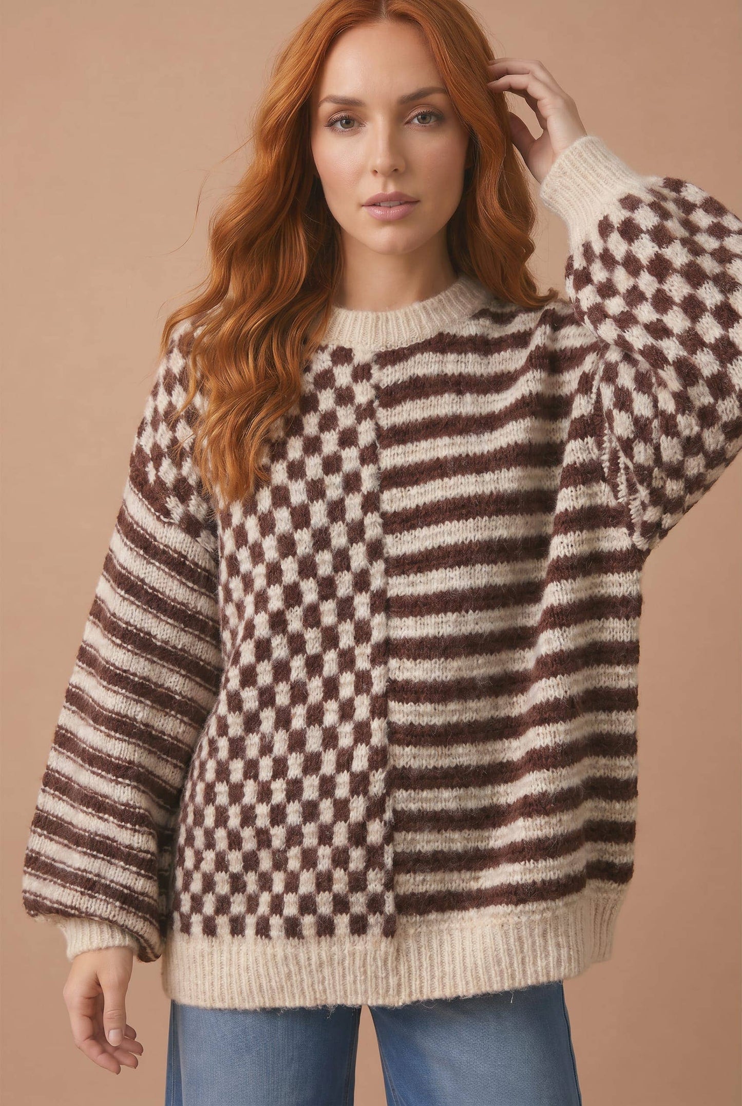 Checker Stripe Color Block Jacquard Sweater: TAUPE/OATMEAL / M
