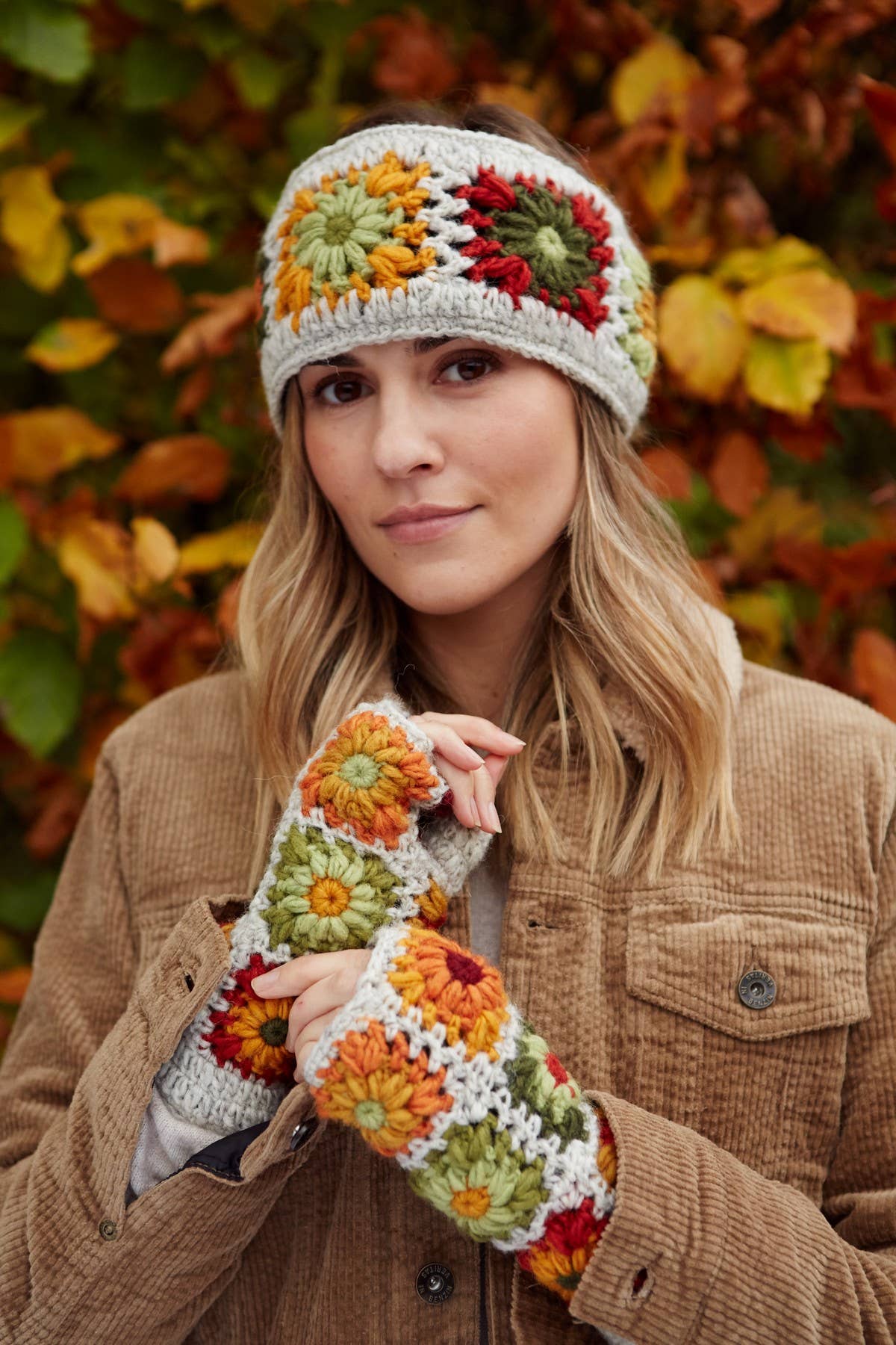 Woodstock Granny Square Crochet Ear Warmers Floral Oatmeal